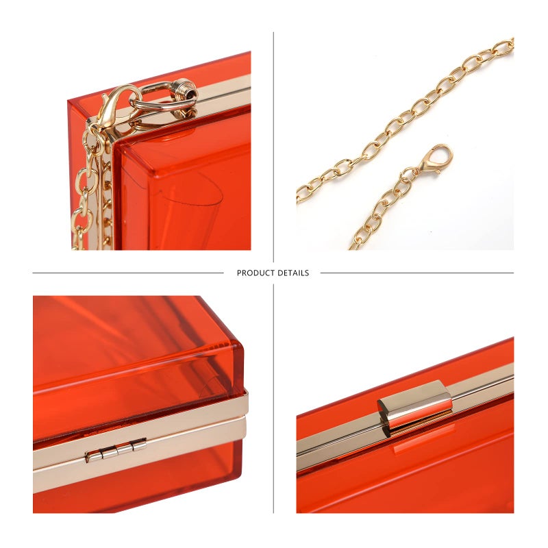 WJCD Women Clear Purse Acrylic Box Clutch Handbag, Small Transparent Crossbody Evening Bag Stadium Approved Gold Chain Strap (Red) - Image 3